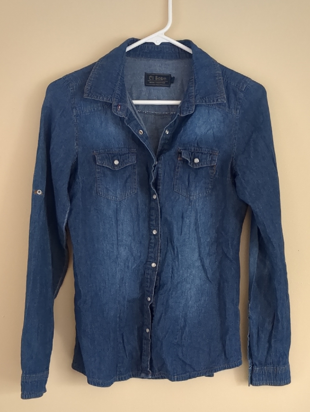 Small Ci Sono Dark Wash Pearl Snap Long Sleeve Blue Denim Shirt